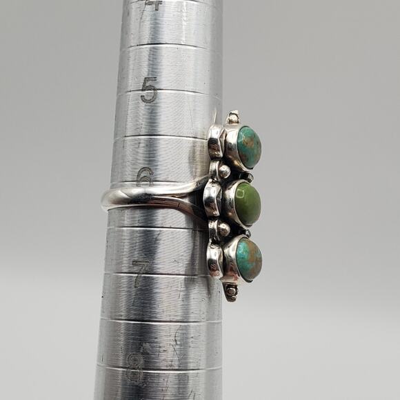 925 Sterling Silver Green Turquoise Trilogy Artisan Ring Size 6 - Picture 7 of 9